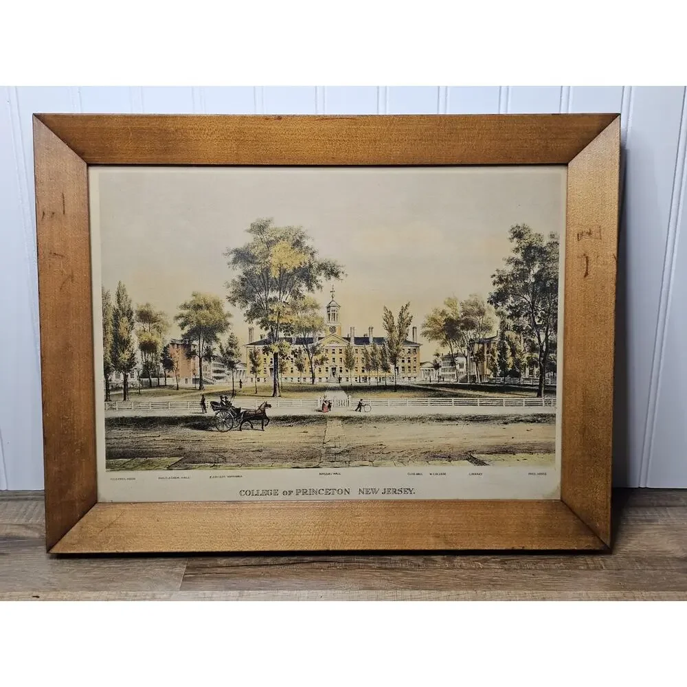 Color Lithograph Print Framed College of Princeton NJ Nassau Hall 1860 17x14 - Picture 1 of 6